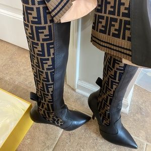 Fendi rockoko logo-jacquard stretch-knit and leather over-the-knee boots